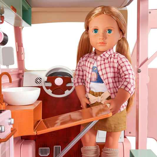 Our Generation 18-inch doll camper playset with toy vehicle, electronics, and accessories for imaginative pretend play.
