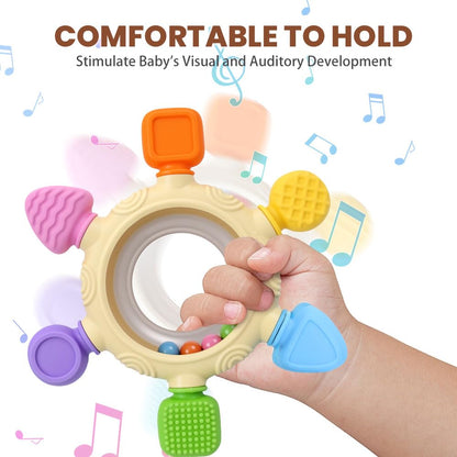 SENBSLAN silicone baby teething toy and rattle for infants, BPA-free, designed for sensory play and teething relief.
