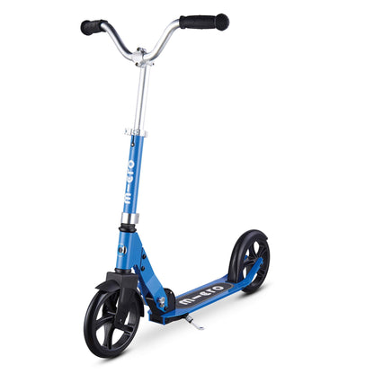 Blue Micro Cruiser children's scooter with adjustable handlebar, kickstand, and foldable design for ages 5-12.