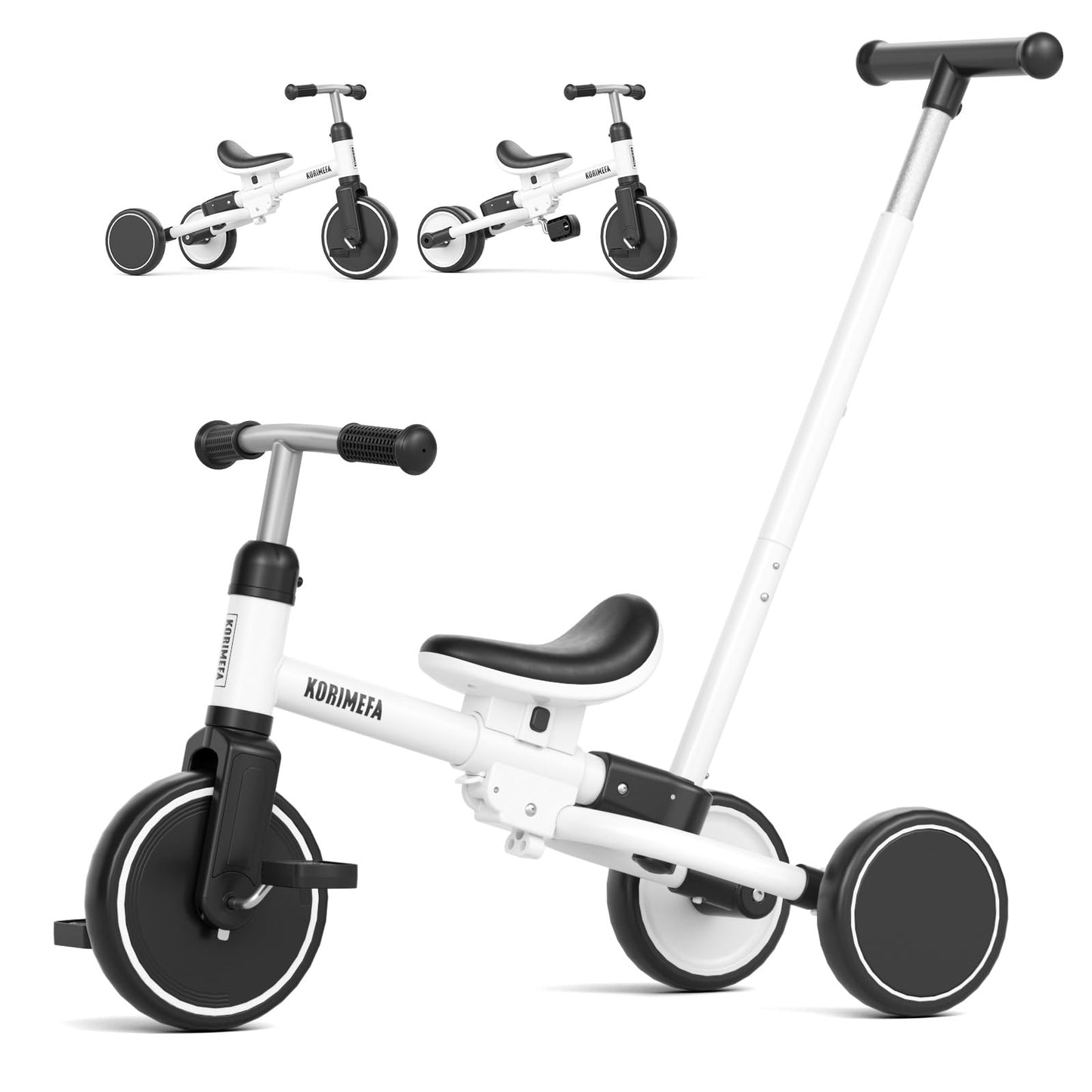 KORIMEFA Tricycle for 1-3 Years Old, 5 in 1 Balance Bike with Push Handle, Adjustable Seat, Removable Pedals, Toddler Trike for Boy & Girl, White