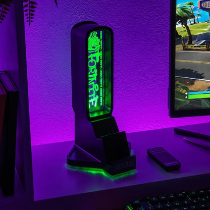 Paladone Fortnite 3-in-1 Headphone Stand and Tech Charging Station with Console Controller Cradle and 2 USB-C Ports, RGB Colour Changing Light Panel, Officially Licensed Gift for Gamers