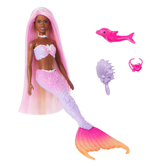 Barbie Mermaid Doll Brooklyn with pink hair, styling accessories, pet dolphin, and color change feature in water.