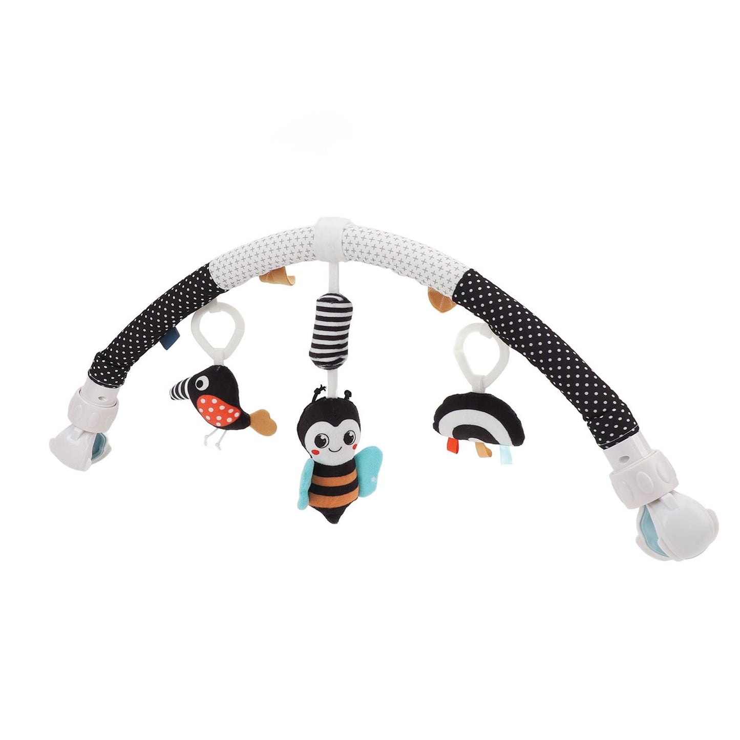 Pilipane clip-on honeybee plush baby sensory toy with colorful elements, designed to stimulate motor skills for cribs, strollers, and bouncers.