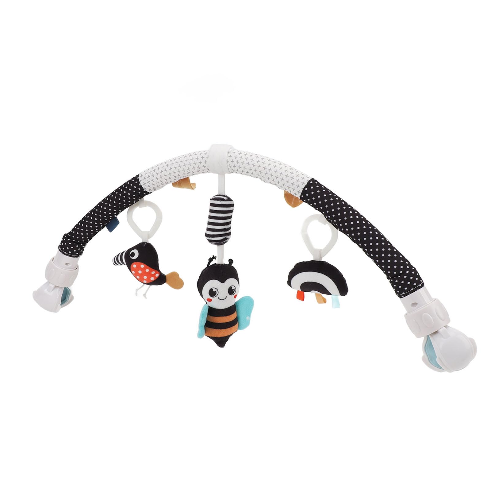 Pilipane clip-on honeybee plush baby sensory toy with colorful elements, designed to stimulate motor skills for cribs, strollers, and bouncers.