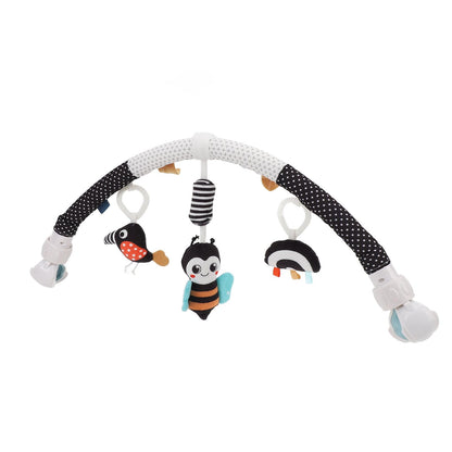 Pilipane clip-on honeybee plush baby sensory toy with colorful elements, designed to stimulate motor skills for cribs, strollers, and bouncers.