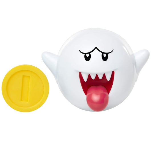 Super Mario Nintendo Boo figure, 4-inch posable articulated action figure with coin accessory, ideal for kids and collectors