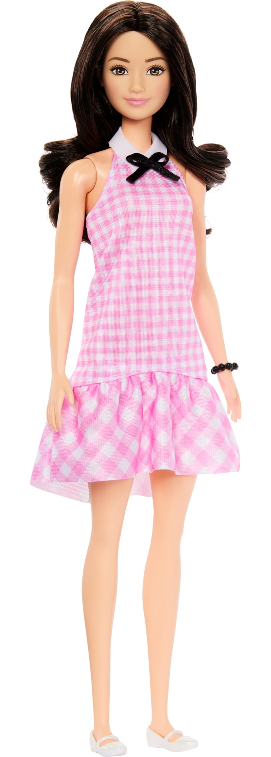 Barbie Fashionistas Doll #224 with black wavy hair, pink gingham dress, and accessories, 65th anniversary collectible toy.