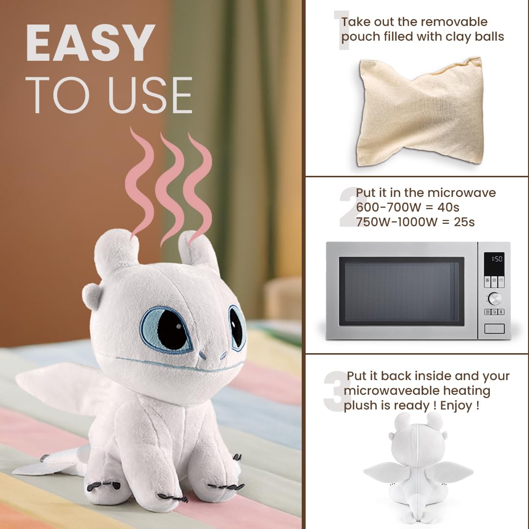 BIOSYNEX - Dragons Heatable Plushies – Microwave Warm Cuddle Toy with Removable Clay Bead Pouch - Gentle and Comforting Warmth - Machine Washable and Safe from Birth (Light Fury)