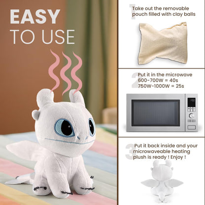 BIOSYNEX - Dragons Heatable Plushies – Microwave Warm Cuddle Toy with Removable Clay Bead Pouch - Gentle and Comforting Warmth - Machine Washable and Safe from Birth (Light Fury)