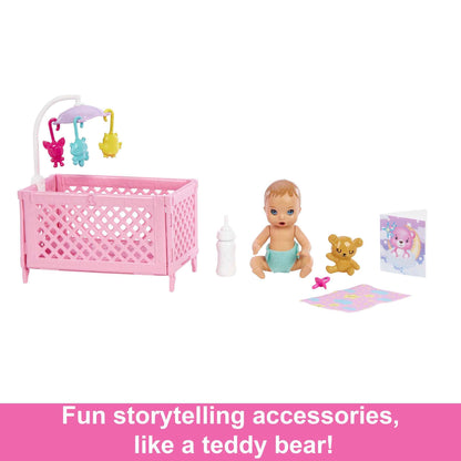 Barbie Skipper Babysitters Inc crib toy playset with Skipper doll, baby doll with sleepy eyes, furniture, and accessories.
