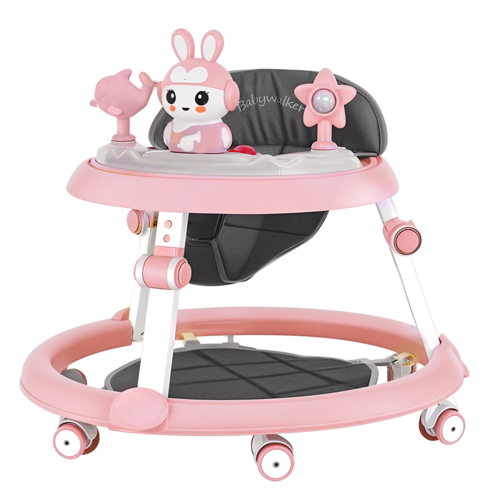 Pink height-adjustable baby walker with foldable design, footrest, small toys, and music for infants aged 6-18 months by Autrfso.