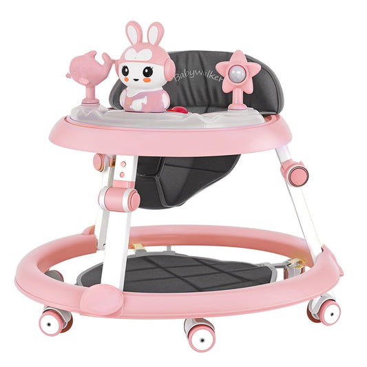 Pink height-adjustable baby walker with foldable design, footrest, small toys, and music for infants aged 6-18 months by Autrfso.
