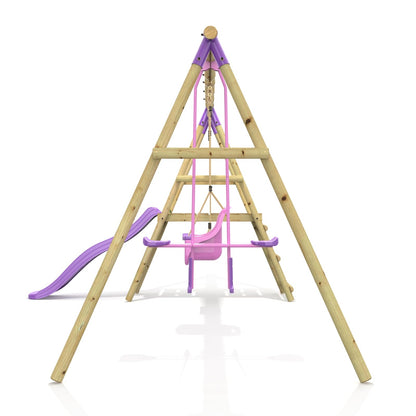 Rebo® Wooden Swing Set with Platform and Slide - Voyager Purple | OutdoorToys | Baby Seat, Glider and Regular Seat | Kids' Outdoor Wooden Play Equipment for Gardens, Weather Resistant