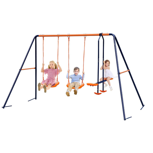 Metal Kids Garden Swing Set for Toddler, Heavy-Duty A-Frame with Double Swings and Glider,Adjustable Hanging Rope,Children Outdoor Backyard swing Set for 3+ Years Old, 200Kg