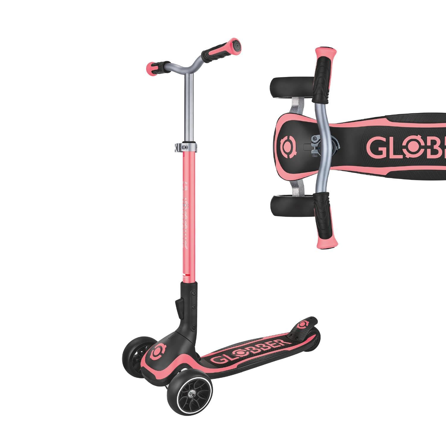 Globber Ultimum 3 Wheel Scooter in coral pink with adjustable height, wide deck, and folding design for kids and adults.