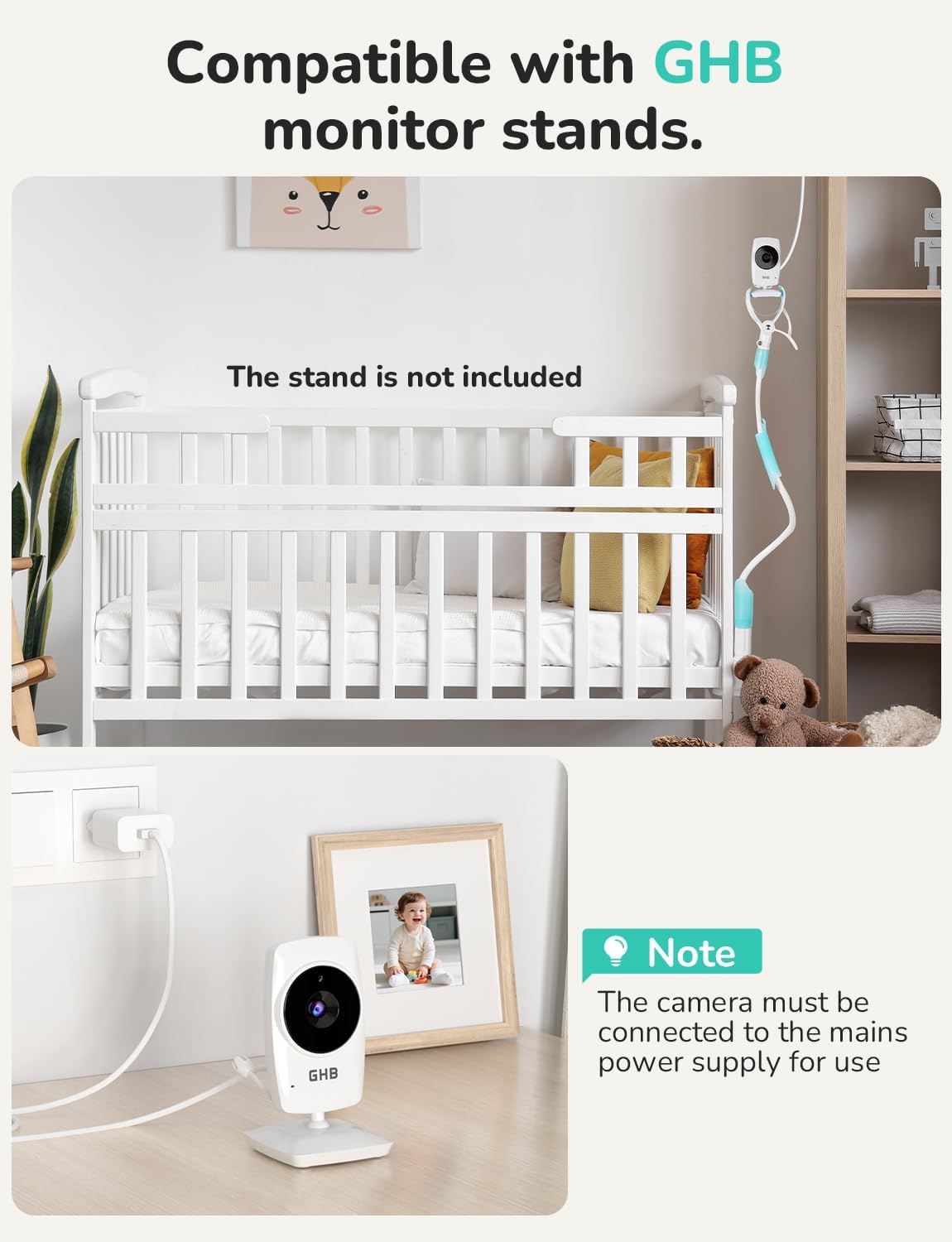 GHB baby monitor with camera, night vision, 3.2-inch screen, two-way audio, temperature sensor, zoom, lullabies, and feeding reminder