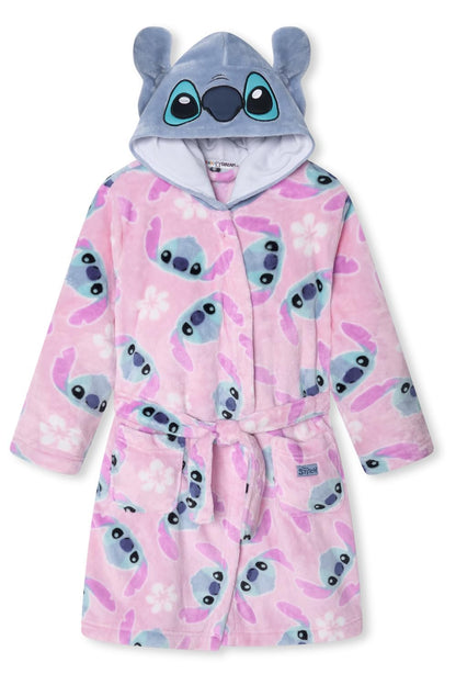 Disney girls Stitch dressing gown with hood, 3D ears, floral print, tie belt, pockets, soft fleece, perfect for loungewear or bathrobe.