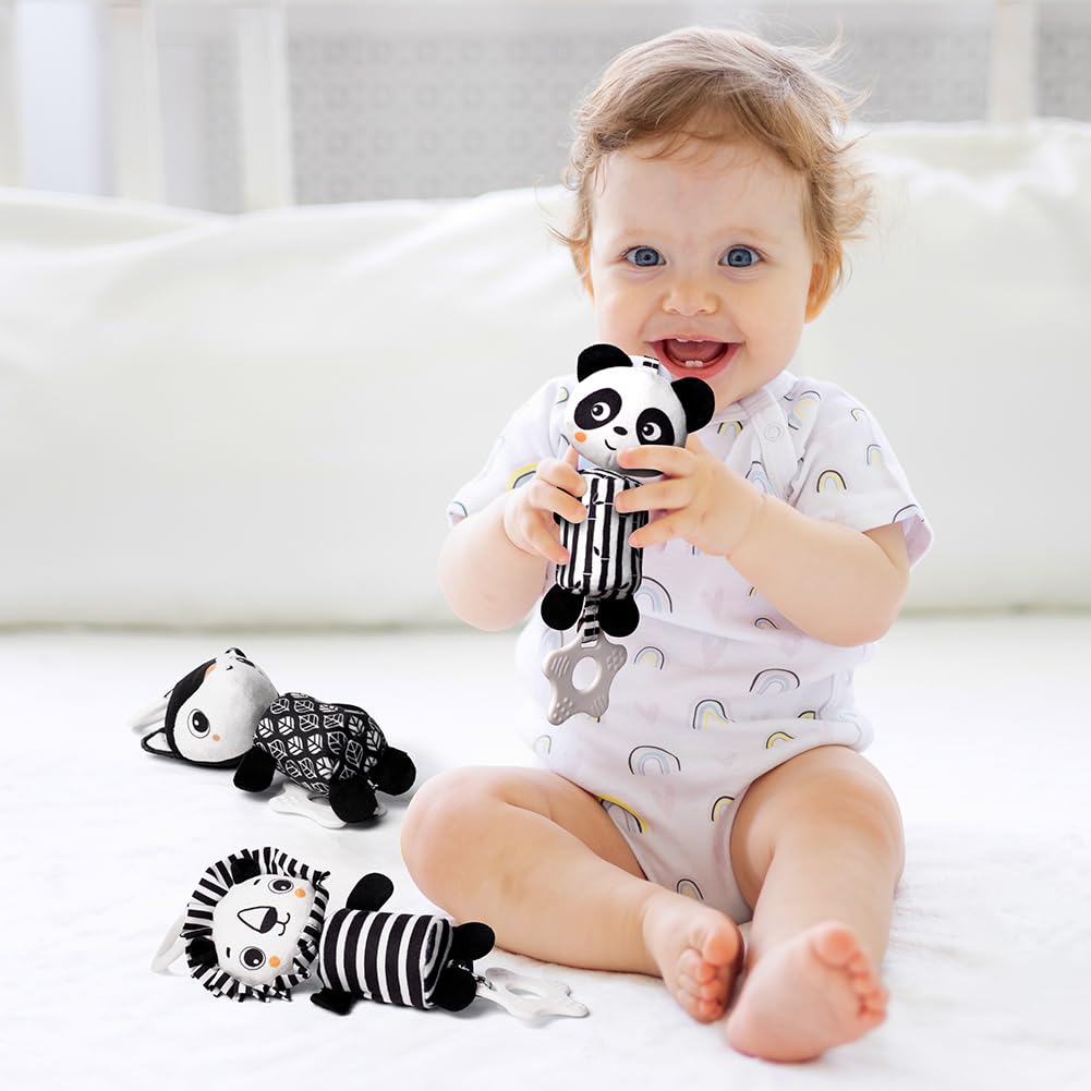 Aolso baby pram pushchair toys, 3-pack black and white hanging sensory toys with teether, featuring panda, lion, and fox designs.