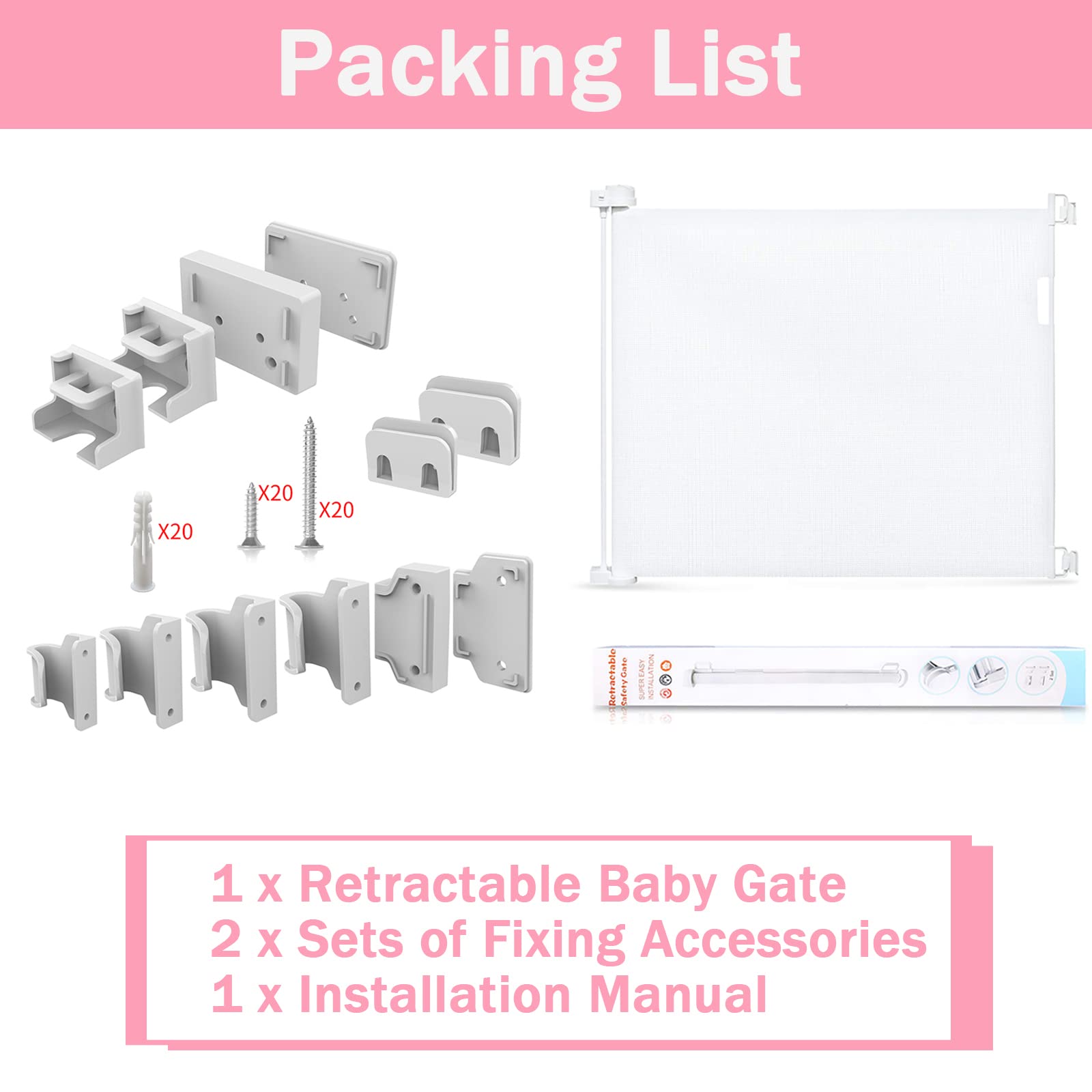 White JAOSY retractable mesh baby gate for stairs and hallways, portable safety gate for pets, indoor and outdoor use.