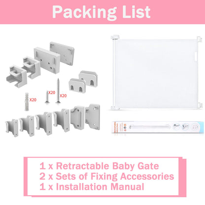 White JAOSY retractable mesh baby gate for stairs and hallways, portable safety gate for pets, indoor and outdoor use.