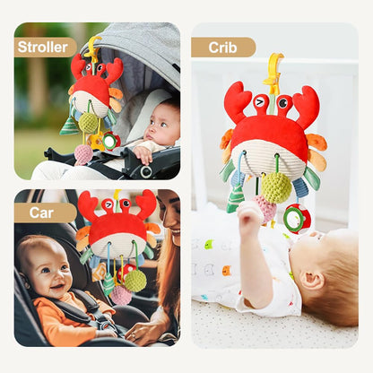 Vamotto Crab Car Seat & Stroller Toy for Babies 0-12 Months, Sensory Hanging Toy with Rattle, Mirror, Squeaker, Pull Strings, Fine Motor Skills Baby Gift for Newborn Infant Boy Girl
