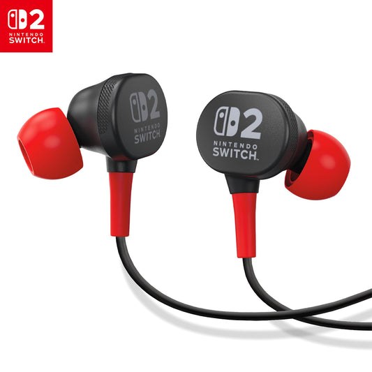 PowerA wired earbuds for Nintendo Switch 2 in black with 8mm drivers, in-ear design, swappable tips, and storage bag.