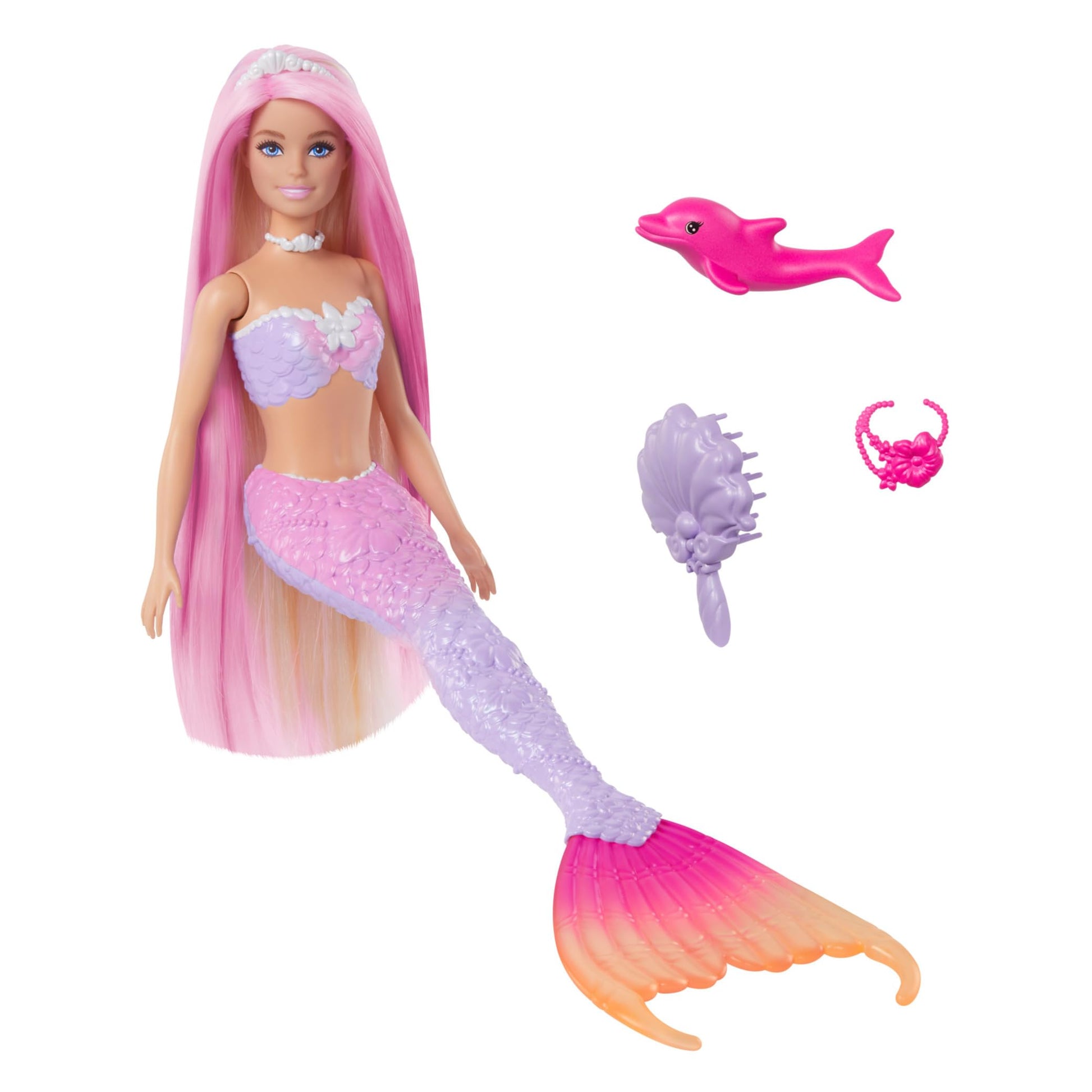Barbie Mermaid Doll "Malibu" with pink hair, styling accessories, pet dolphin, and color-changing feature in water.