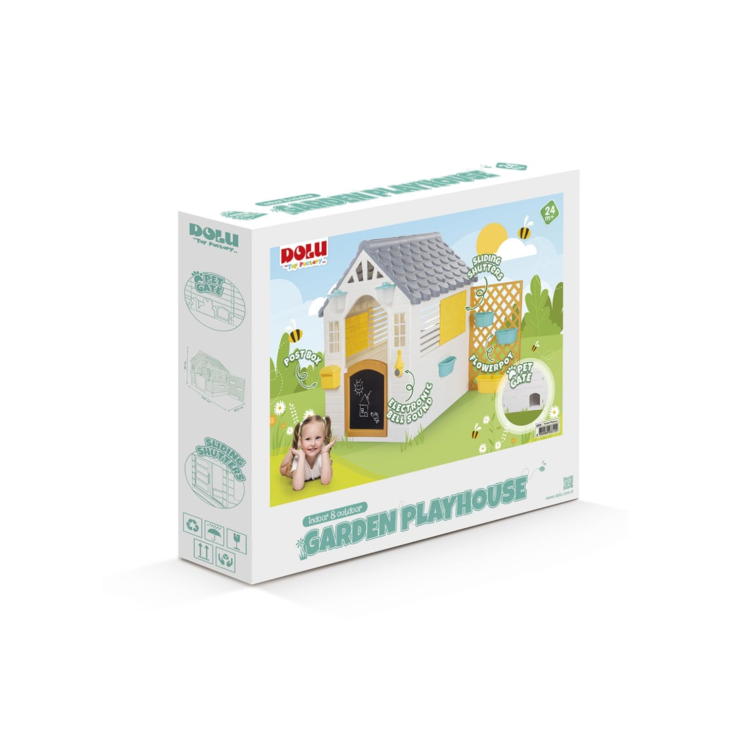 Dolu garden playhouse with fence for kids, white and grey outdoor toy house measuring 127x140x107.5 cm, sturdy and fun for outdoor play.
