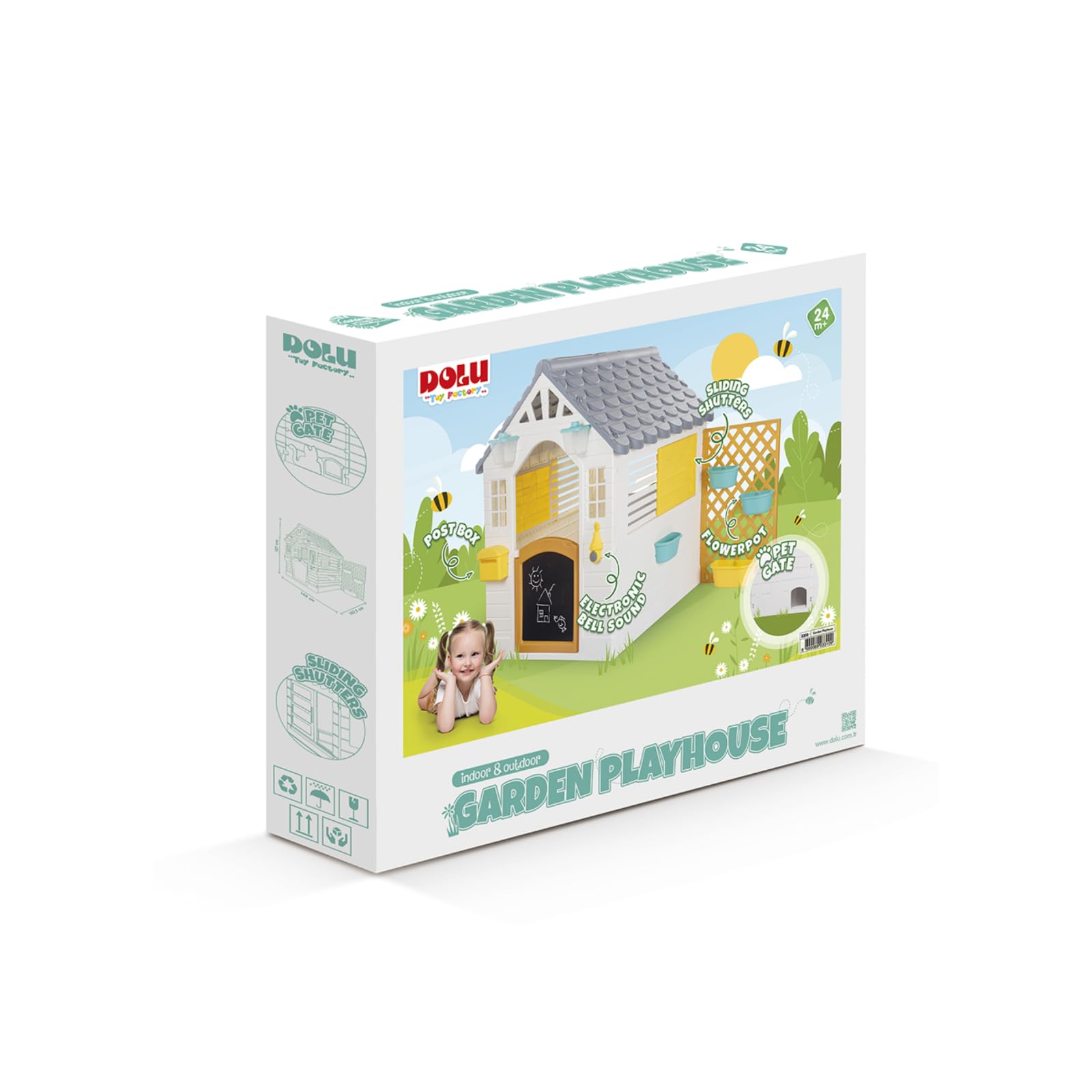 Dolu garden playhouse with fence for kids, white and grey outdoor toy house measuring 127x140x107.5 cm, sturdy and fun for outdoor play.