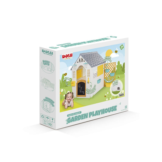 Dolu garden playhouse with fence for kids, white and grey outdoor toy house measuring 127x140x107.5 cm, sturdy and fun for outdoor play.