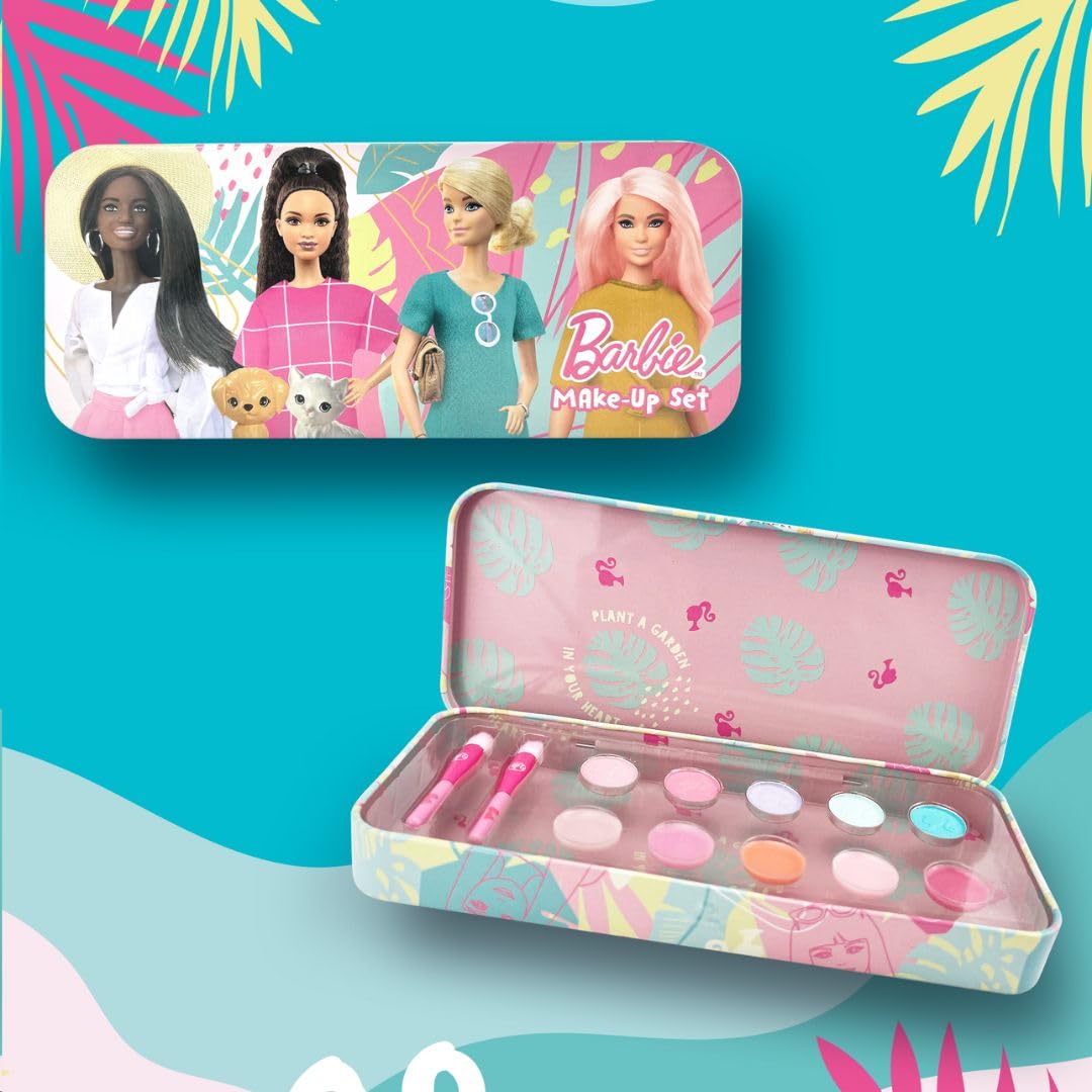 Barbie Make-Up Collection keepsake tin with children's makeup set for girls, featuring colorful cosmetic products and packaging.
