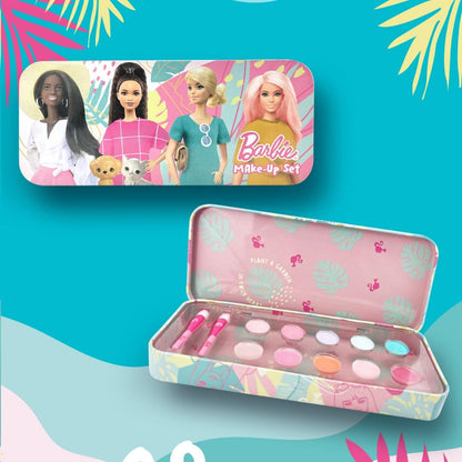 Barbie Make-Up Collection keepsake tin with children's makeup set for girls, featuring colorful cosmetic products and packaging.