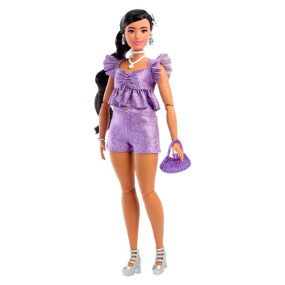 Barbie Deluxe Style Doll #8 in Metallic Purple Top and Sparkly Shorts, Black Hair in Braid, Accessories like Pearly Jewelry and Handbag, JFP43