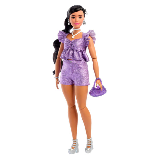 Barbie Deluxe Style Doll #8 in Metallic Purple Top and Sparkly Shorts, Black Hair in Braid, Accessories like Pearly Jewelry and Handbag, JFP43