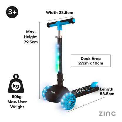 Zinc T-Motion Shine Kids Scooter for Ages 3+ – Three Wheeled Folding Boys & Girls Scooter with LED Light Up Deck & Wheels, Adjustable Handlebar, Lean & Steer Controls, Rear Brake, Black & Blue