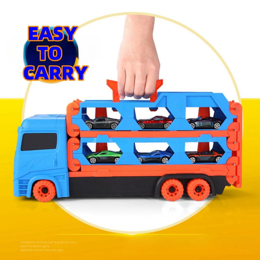 Bearbao toddler toy set featuring a 65-inch race track with die-cast transport trucks and cars for boys ages 2-6.