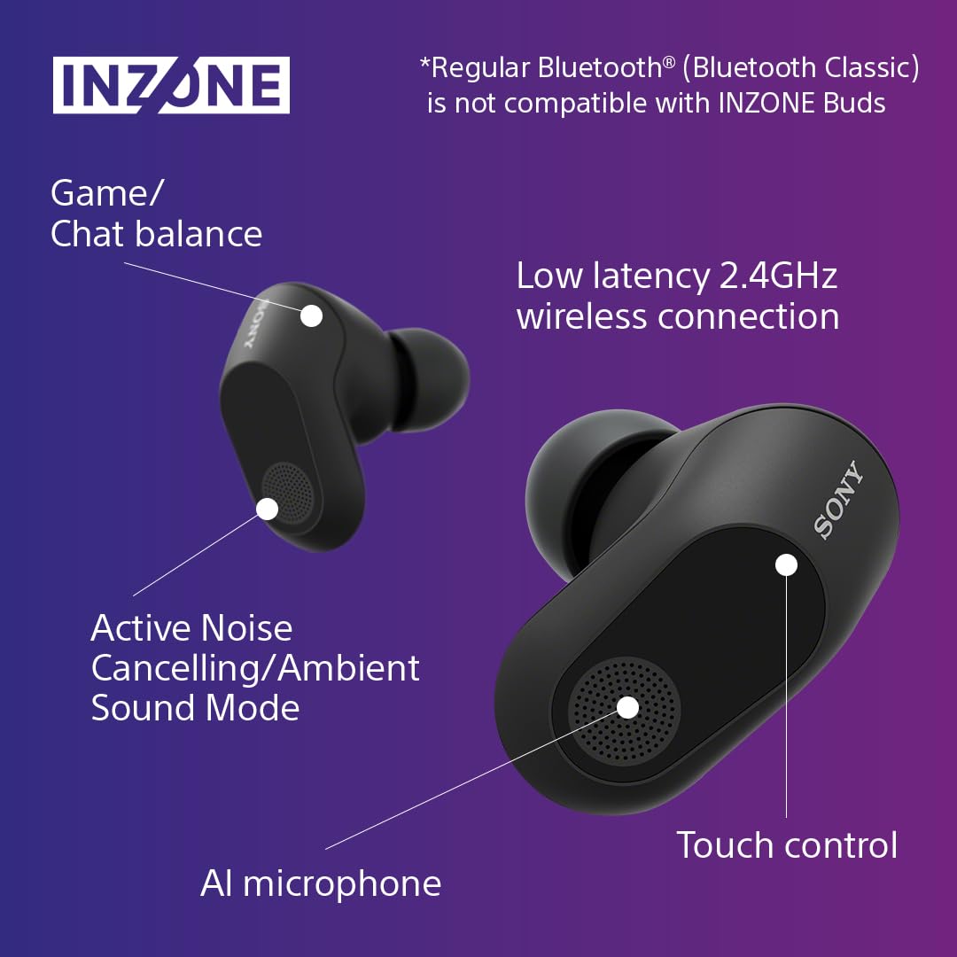 Sony INZONE Buds true wireless gaming earbuds with 360 spatial sound, active noise cancelling, lightweight fit, and black color.