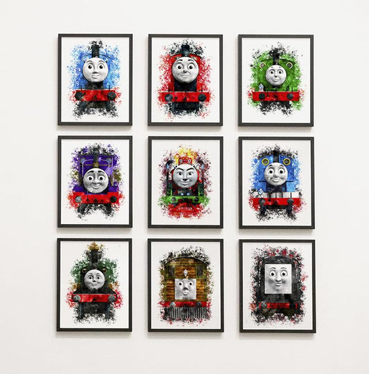 Thomas Tank Engine characters watercolour splash effect wall prints, set of 9 unframed A4 (21cm x 29.7cm) Thomas Tank Engine characters cartoon wall art prints, watercolour effect prints for kids room