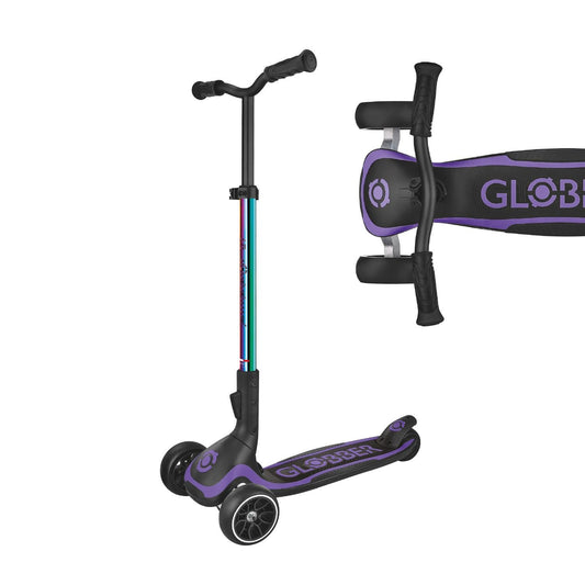 Globber Ultimum 3 wheel scooter in neochrome, featuring adjustable height, wide deck, and patented steering system.
