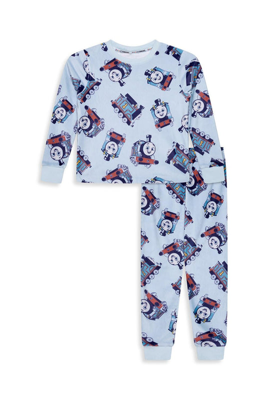 Thomas The Tank Engine Boys Pyjamas- Fleece Twosie - Official Two Piece Set with Long Sleeve Top & Cuffed Bottoms - Super Soft and Cosy Nightwear Gift- Ages 1-5 Years Blue