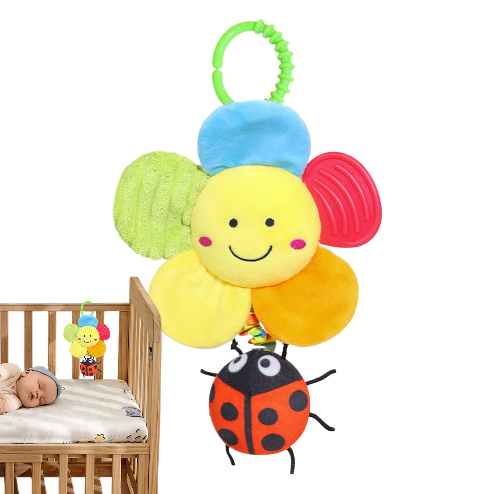 Jingyash baby pram toy with music, plush hanging rattle and handbells for stroller, early development activity toy for infants