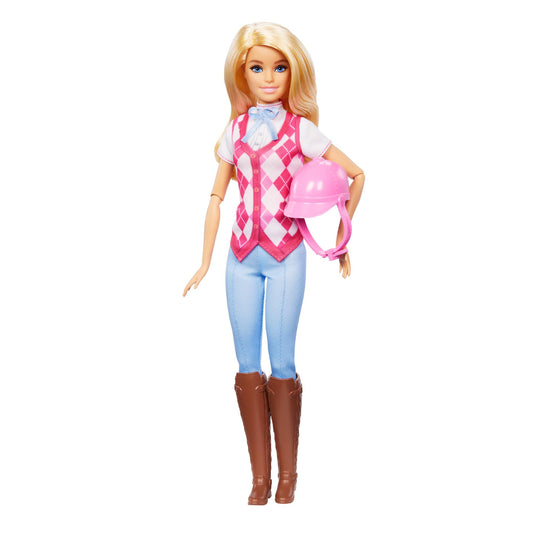 Barbie Malibu doll in riding outfit with helmet and accessories from the Great Horse Chase, showcasing fun equestrian style.
