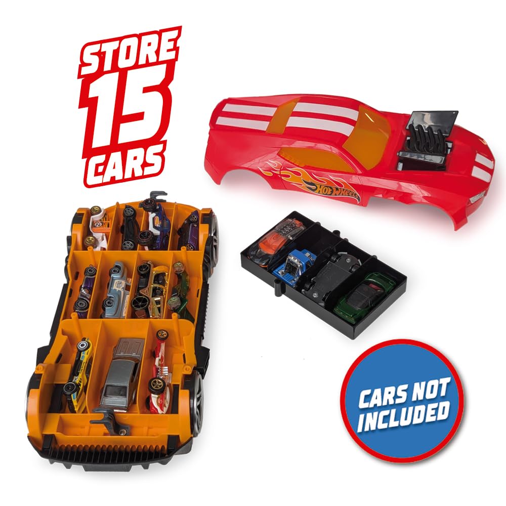 Hot Wheels 2in1 Race N' Haul car storage case with retractable handle, holding up to 15 toy cars, in a vibrant design.