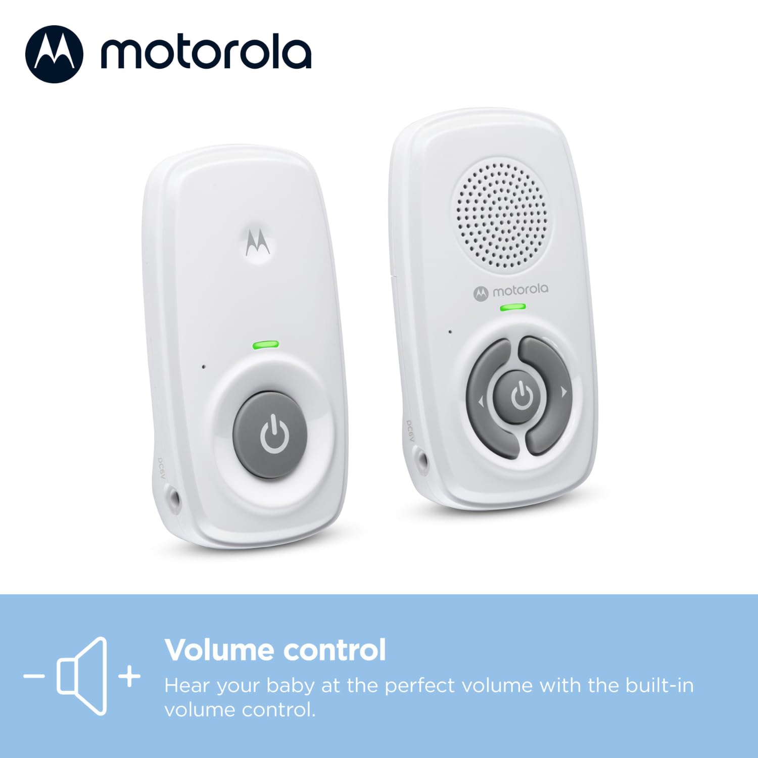Motorola Nursery AM21 baby monitor with white design, digital audio monitor, high sensitivity microphone, 300-meter range, DECT technology