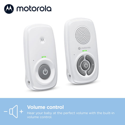 Motorola Nursery AM21 baby monitor with white design, digital audio monitor, high sensitivity microphone, 300-meter range, DECT technology
