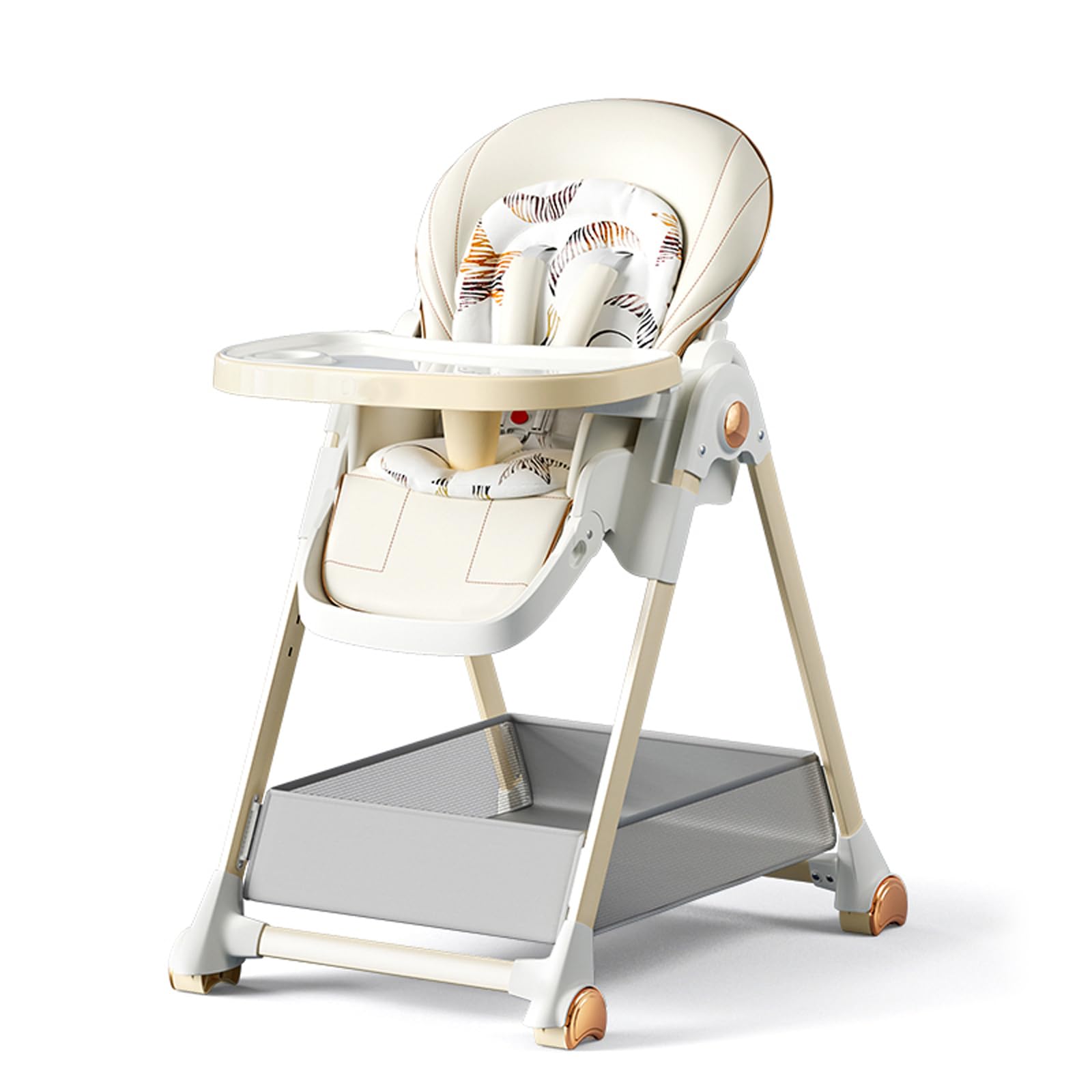 Magic ZC baby high chair with adjustable heights, reclining positions, foldable design, detachable trays, wheels, and white finish.