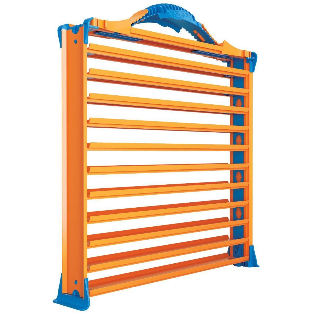 Hot Wheels Rack N' Track organizer with 44 compartments, multi-coloured toy display case for cars and toys.