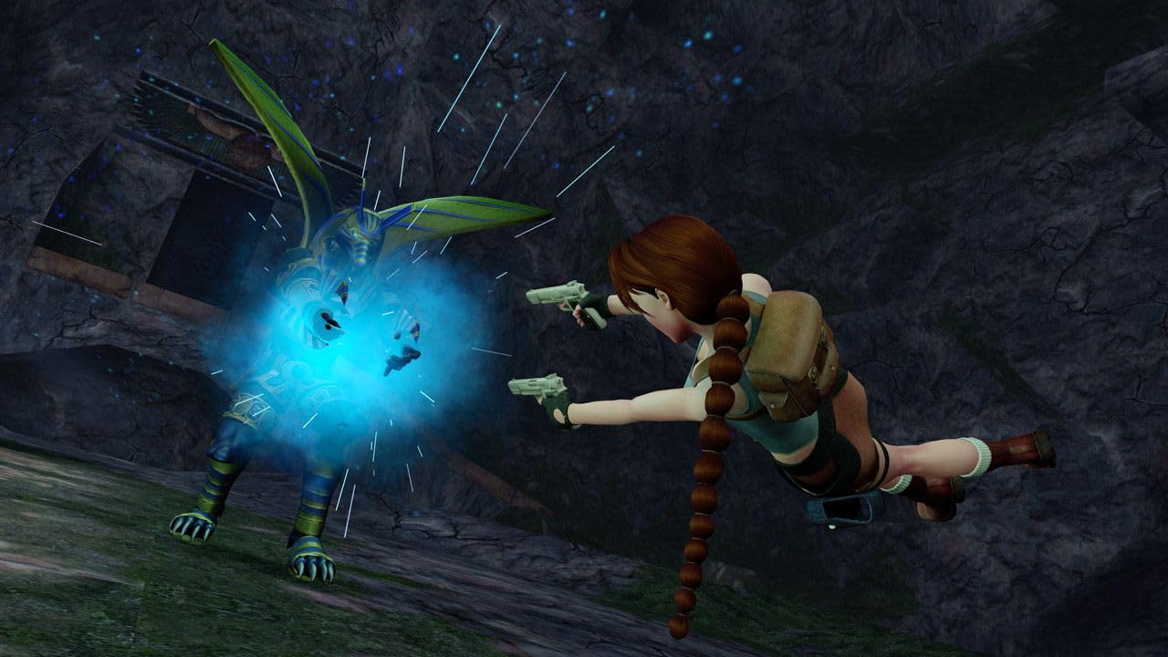 Lara Croft in Tomb Raider IV-VI Remastered Switch game by Aspyr, featuring her in action pose with game cover art.