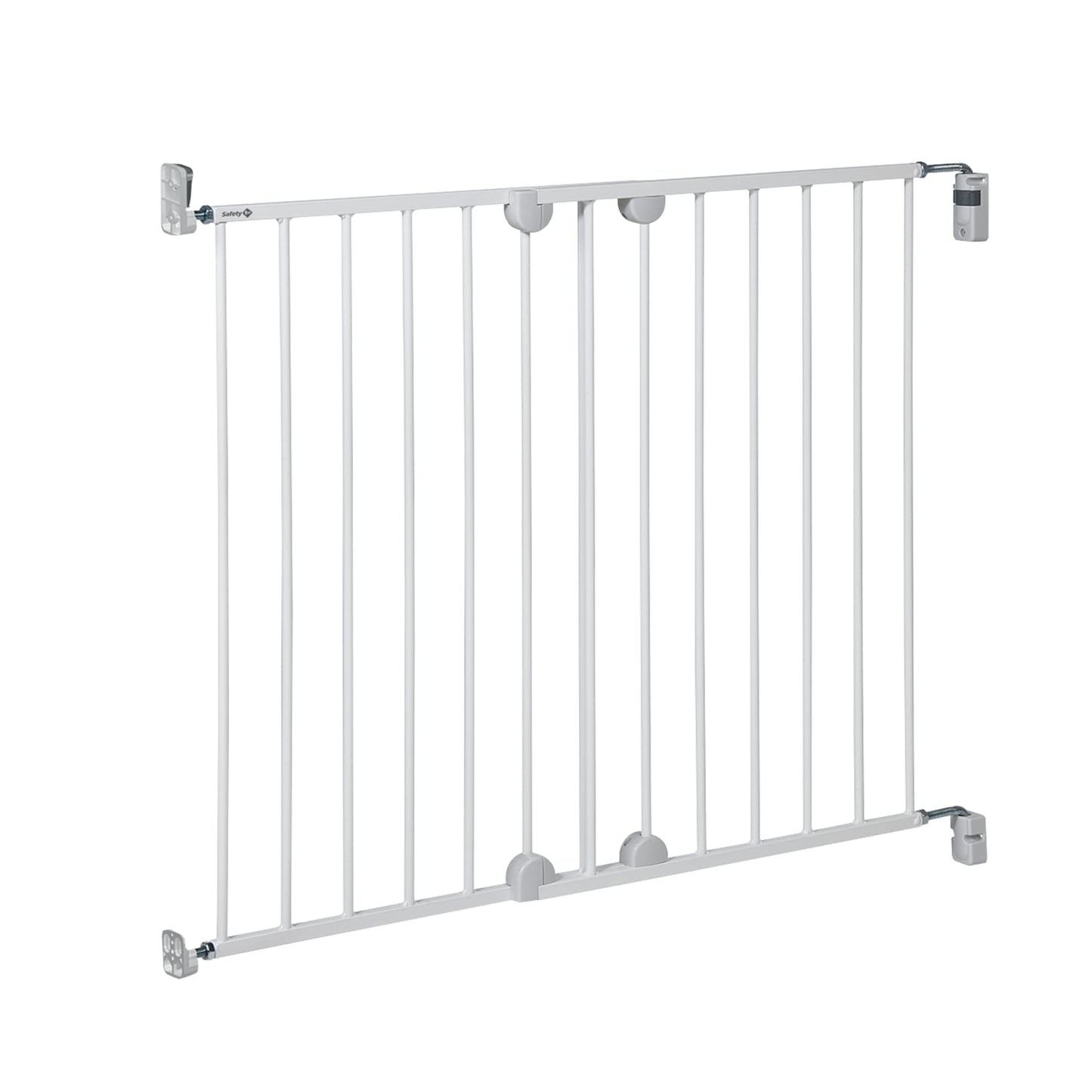 Safety 1st wall mount metal baby gate extends from 62 to 102cm, with one-hand open, easy installation, and white finish.