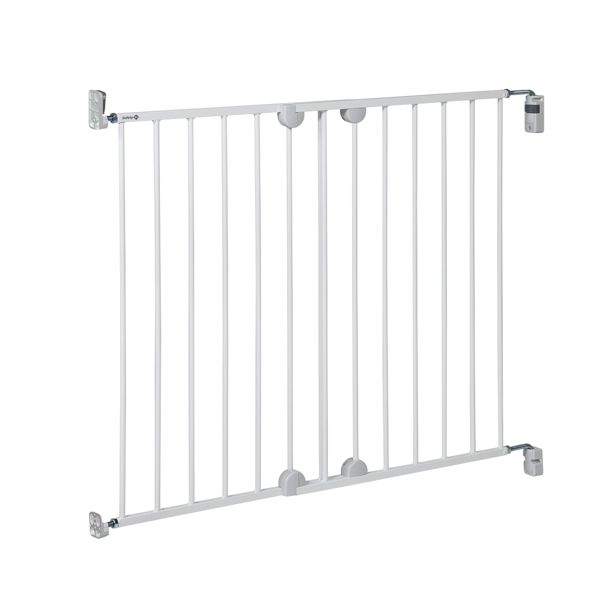 Safety 1st wall mount metal baby gate extends from 62 to 102cm, with one-hand open, easy installation, and white finish.